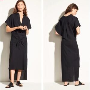 VINCE Black Midi Maxi Tie Front Wrap Dress Medium Modern Minimalist Short Sleeve